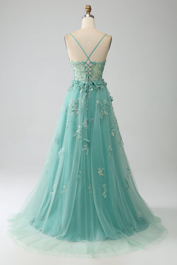 Verde A-Line Spaghetti Straps lungo Corsetto Prom Dress con Appliques